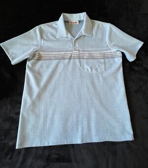 Vintage Mr California Polo Shirt Mens L Blue Strip Textured Knit Retro Made USA